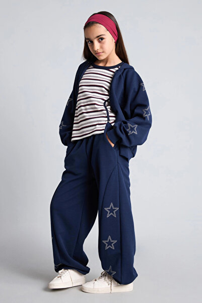 DeFacto H9740A8Nv31 Navy Blue Cotton Baggy Fit Star Printed Sweatpants with P...