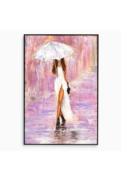 Luxcanva Tablou Canvas Femeia cu Umbrela Alba 50x70 cm cu Rama Negru Feminita...