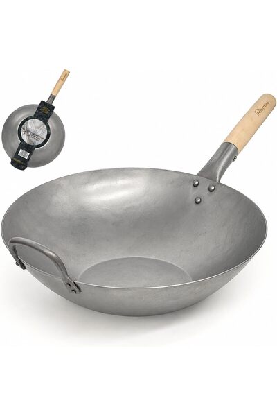 OEM Homira Wok 36 cm elle dövülmüş karbon çeliği, düz tabanlı ve ahşap saplı ...