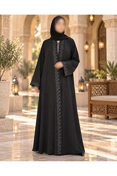 Generic Brand Women's Black Open-Front Abaya with Leaf-Pattern Lace Trim and ...