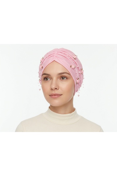 Daisy Kadın Pudra Pembe Gül Ve İnci Detaylı Kadife Hazır Bone Abiye Türban Pr...