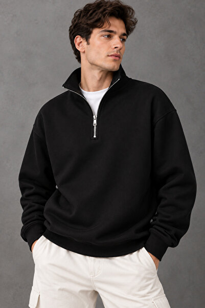 Jooy Dik Yaka Yarım Fermuarlı Sweatshirt Siyah Beyaz 2'li Avantaj Set
