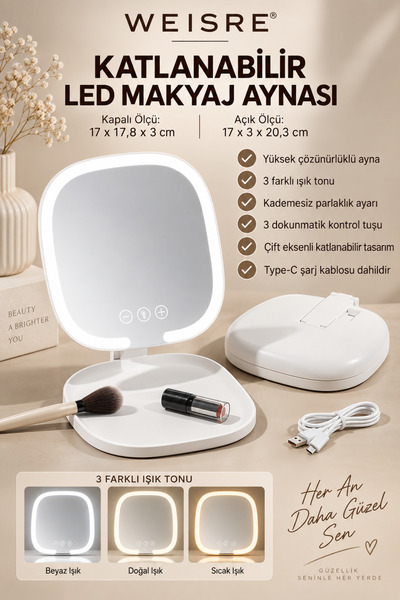 Weisre Katlanabilir LED Makyaj Aynası 3 Işık Modlu Dokunmatik Ayarlı Taşınabilir Masa Aynası