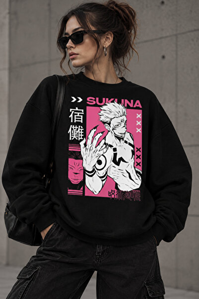 Dupe Design Hanorac negru supradimensionat unisex cu imprimeu roz Jujutsu Kai...