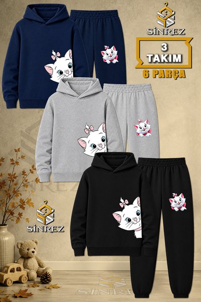 SİNREZ Çocuk Unisex 3LU Set Kedi Kurdaleli Yandan Baskılı Kapşonlu Eşofman Ta...