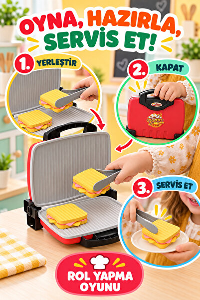 OpenCity Çocuk Tost Makinesi Oyuncak Seti, 2 Tost ve Maşa, Mutfak Rol Oyunu, ...