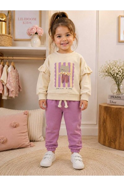 Liliboom Kids طقم من قطعتين مطبوع عليه Smile Time بتفاصيل كشكشة للفتيات