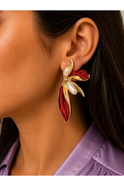 Alyas Aksesuar Vip Seri Gold Color Pearl Burgundy Flower Earrings