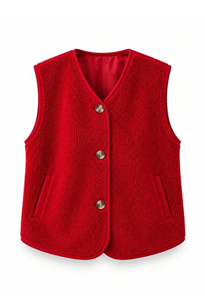 5in1Canpolat Red Buttoned Plush Vest 23242