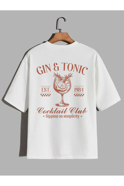 CrowsGate Gin & Tonic Cocktail Club Printed White Oversize T-Shirt