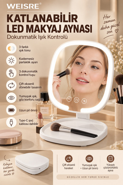 Weisre Katlanabilir LED Makyaj Aynası 3 Işık Modlu Dokunmatik Ayarlı Taşınabilir Masa Aynası
