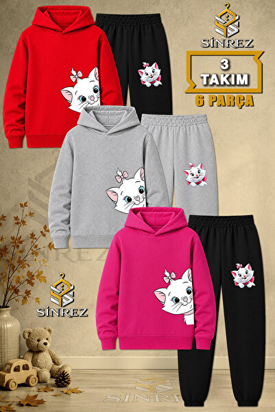 SİNREZ Çocuk Unisex 3LU Set Kedi Kurdaleli Yandan Baskılı Kapşonlu Eşofman Ta...