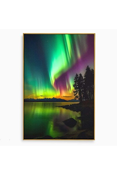 Luxcanva Tablou Canvas Aurora Boreala 100x150 cm cu Rama Auriu Culori Natura ...