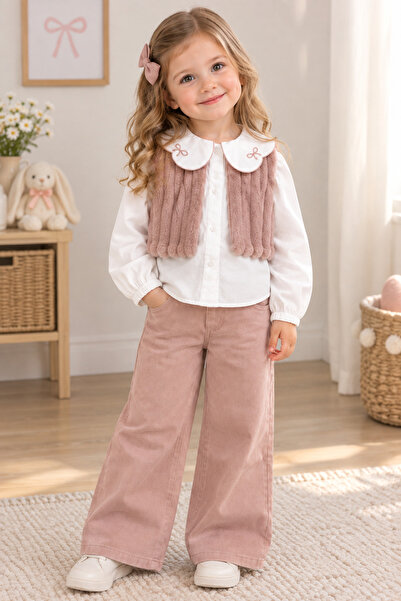 Honey Kids Kız çocuk peluş yelekli şık 3lü takım