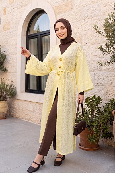 Modamorfo Wide Sleeve Lace-Up Brooched Jacquard Long Kimono -Yellow