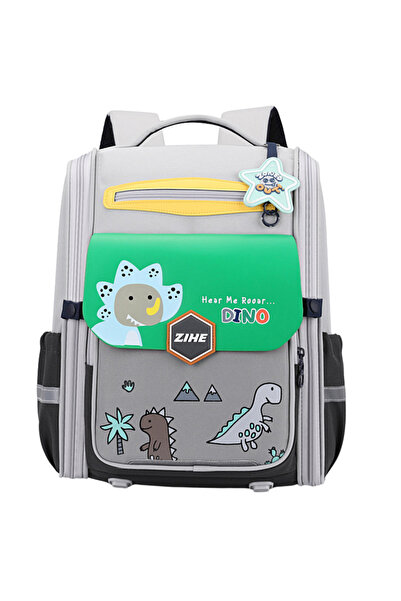 LEAN Rucsac școlar cu dinozauri, curea de piept, gri-verde, 21L, 39cm