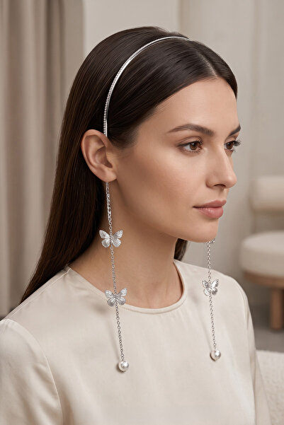 NazLand Butterfly Detailed Chain Stone Crown Pearl End Silver Color Women's Hair Accessory