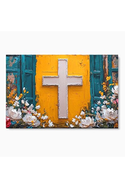 Luxcanva Tablou Canvas Evlavie Florala 70x50 cm pe Sasiu Lemn Credinta Cruce ...