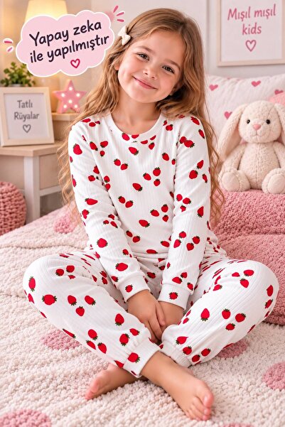 mışıl mışıl kids Girls Strawberry Patterned Long Sleeve Cotton Pajama Set