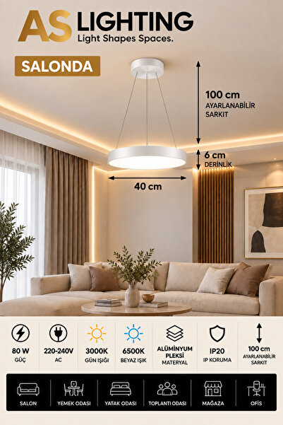 As LIGHTING 40x40 cm Yuvarlak LED Sarkıt Avize 80W Günışığı - Beyaz
