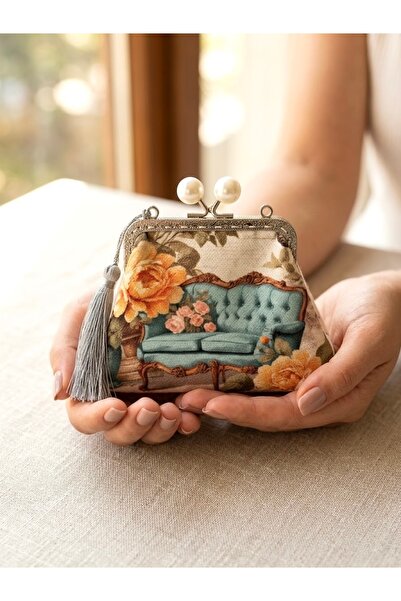 Arzu Demir Mini Cüzdan 12x14 cm Vintage Dokuma Keten Kumaş .