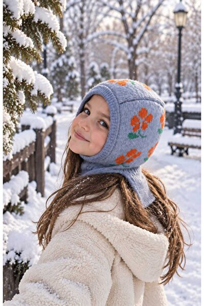 LAGRANZE 4-10 Years Old Girl's Floral Knitted Balaclava Hooded Beanie