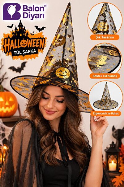 BALON DİYARI Gold Patterned Halloween Tulle Witch Hat – Stylish Design