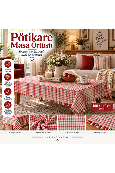 Lona Sanat Cream Red Plaid Tablecloth 160X160 cm Gray Striped Checkered Kitch...