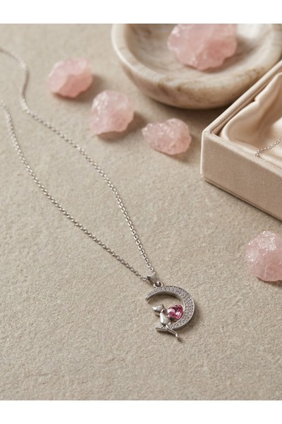 Hiis Store Çelik Hilal Ay Ve Kedi Figürlü Zirkon Taşlı Pembe Kalpli Kadın Kolye