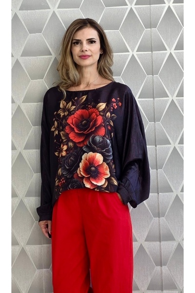 OnlyForYou Bluză satinată cu imprimeu floral 3D și umeri căzuți