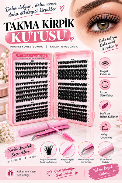 EsAura Butik Profesyonel DIY İpek Kirpik Seti - Mix Boy Yoğun Küme Takma Kirpik Kiti (Cımbız, Fırça ve Yapıştırıcı Dahil)