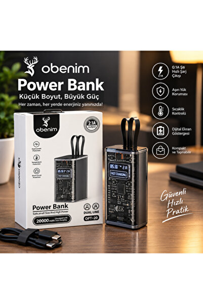 obenim OPT-20 20.000 mAh Powerbank – 2.1A Çift Çıkışlı Dijital Ekranlı Taşına...
