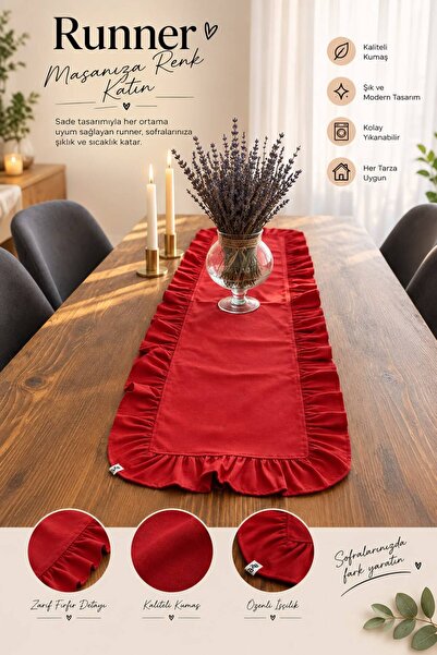 BZC HOME RUNNER kırmızının en şık hali (keten) kenar fırfır detay