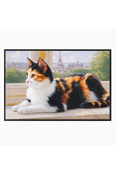 Luxcanva Tablou Canvas Pisica in Vis Parizian 150x100 cm cu Rama Negru Pisica...