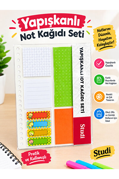 kumkumticaret Yapışkanlı Not Kağıdı Seti Renkli Ayraçlı Kareli Çizgili Planla...