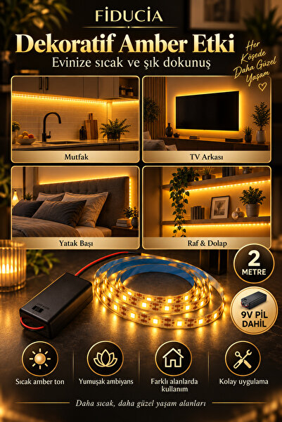 FIDUCIA Pilli 2 Metre Amber Şerit LED 9V Pil Dahil Yapışkanlı Kesilebilir Ayd...