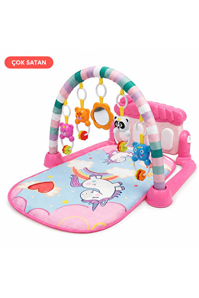 Pembe Unicorn'lu Piyanolu Sesli Işıklı Aynalı Oyun Halısı Bebek Yenidoğan