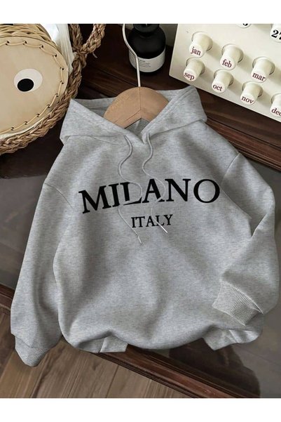ZEMLİYA Unisex Gray Low Shoulder Oversize Hooded Casual Sweatshirt with Kanga...