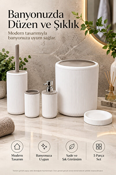 Plastik Banyo Seti 5 Parça Çizgili Çöp Kovası Tuvalet Fırçası Sıvı Sabunluk Diş Fırçalık Katı Sabunluk Beyaz