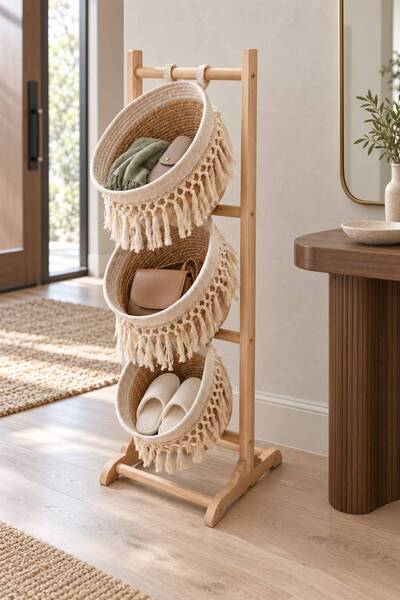 NEWNOW Gemma 3-Piece Hanging Macrame Organizer Basket Set – Bohemian Bathroom and Living Space Organizer with Stand
