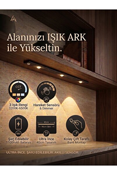 Genel Markalar Şarjlı Hareket Sensörlü Dolap Altı LED Aydınlatma 40 cm Ultra ...
