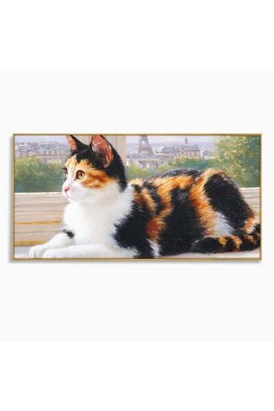 Luxcanva Tablou Canvas Pisica in Vis Parizian 140x70 cm cu Rama Auriu Pisica ...