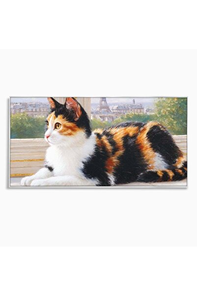 Luxcanva Tablou Canvas Pisica in Vis Parizian 140x70 cm cu Rama Argintiu Pisi...
