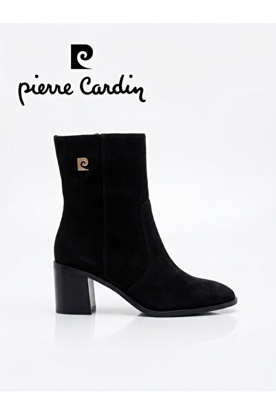 Pierre Cardin Zippered Block Heeled Black Suede Bootie