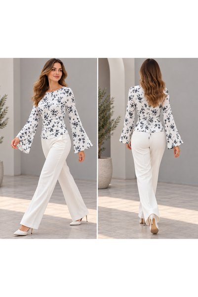 Swan Woman Floral Patterned Spanish Sleeve Blouse
