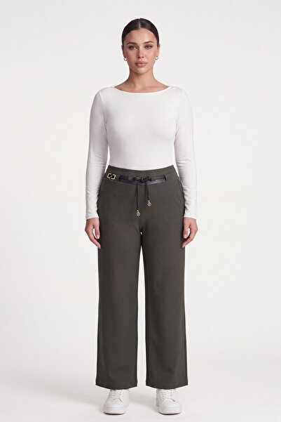 EXİTLİNE Women's Khaki Seasonal High-Waisted Pants with Accessories and Stone...