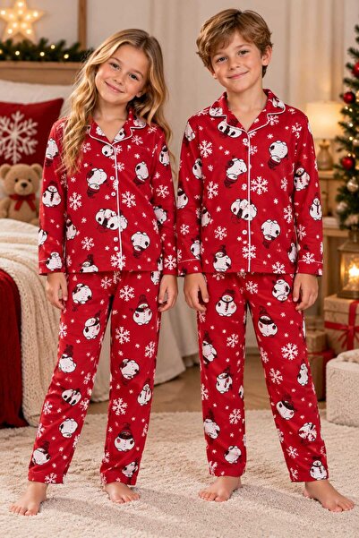 zahider Girl and Boy Cotton Soft Snowman Patterned Buttoned Long Sleeve Pajam...