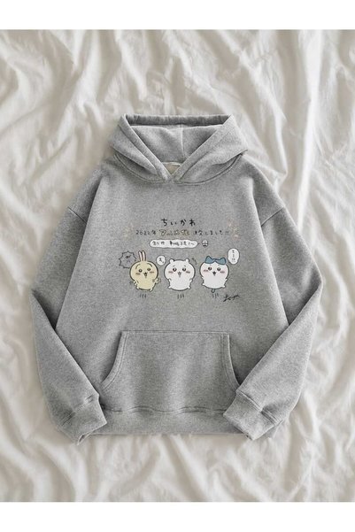 ZEMLİYA Unisex Gray 3 Thread Threaded Oversize Hooded Sweatshirt Basic Comfor...