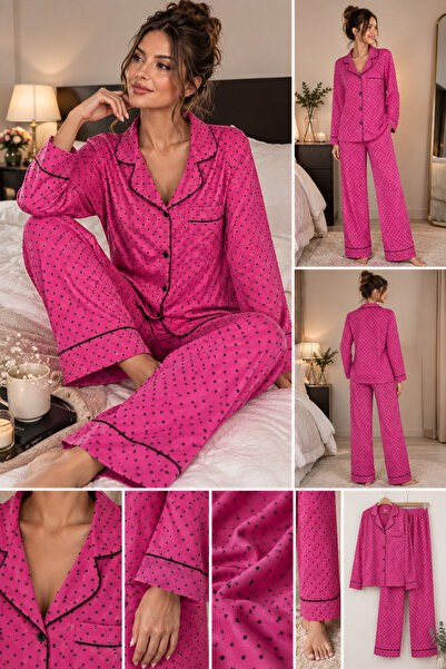 İana butik Premium Pembe Puantiye Desenli %100 Pamuklu Kadın Pijama Takımı