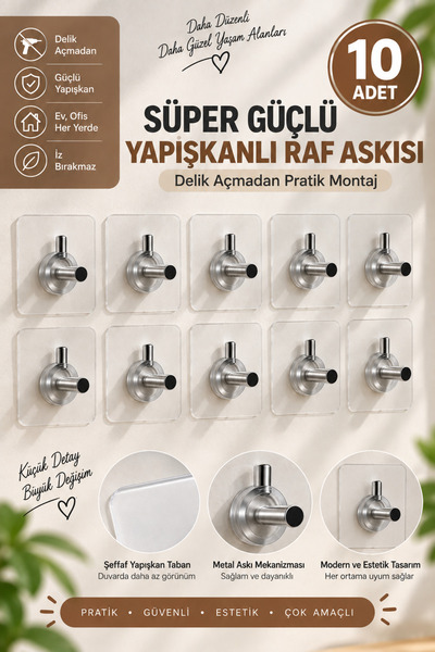 Genel Markalar Süper Güçlü Yapışkanlı Raf ve Çerçeve Askısı Şeffaf Metal Kanc...